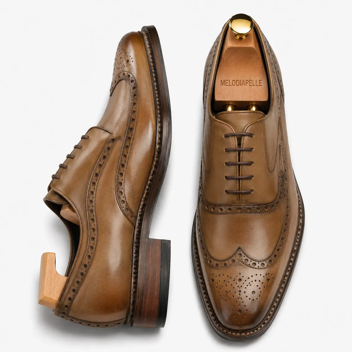 Olive khaki leather wingtip brogue Oxford, three-quarter angle showing heel and brogue detailing