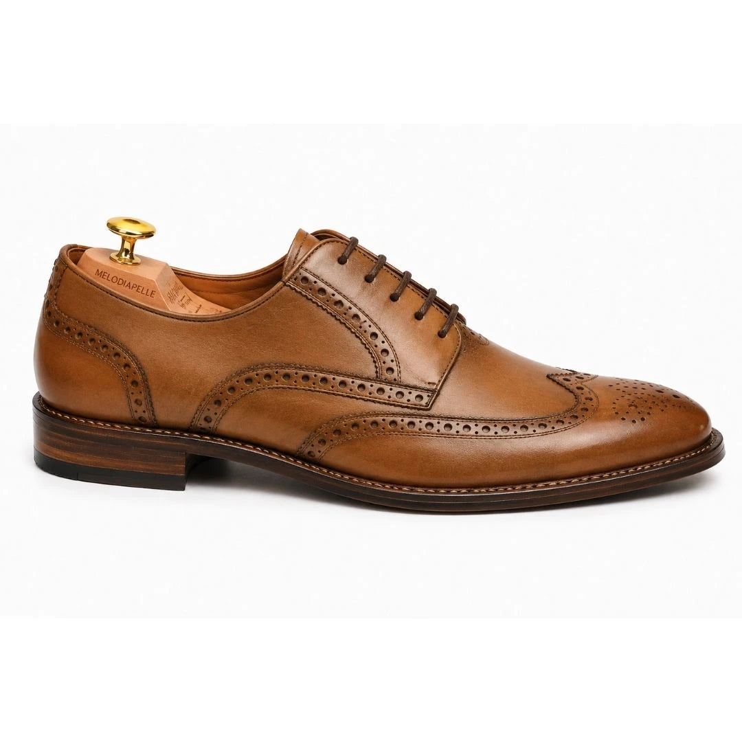 Side profile of the Marshfield Wingtip Brogue Oxford in olive khaki leather on white background
