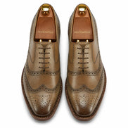 Melodiapelle Marshfield Wingtip Brogue Oxford in olive khaki leather, pair top-down view, handcrafted in Agra