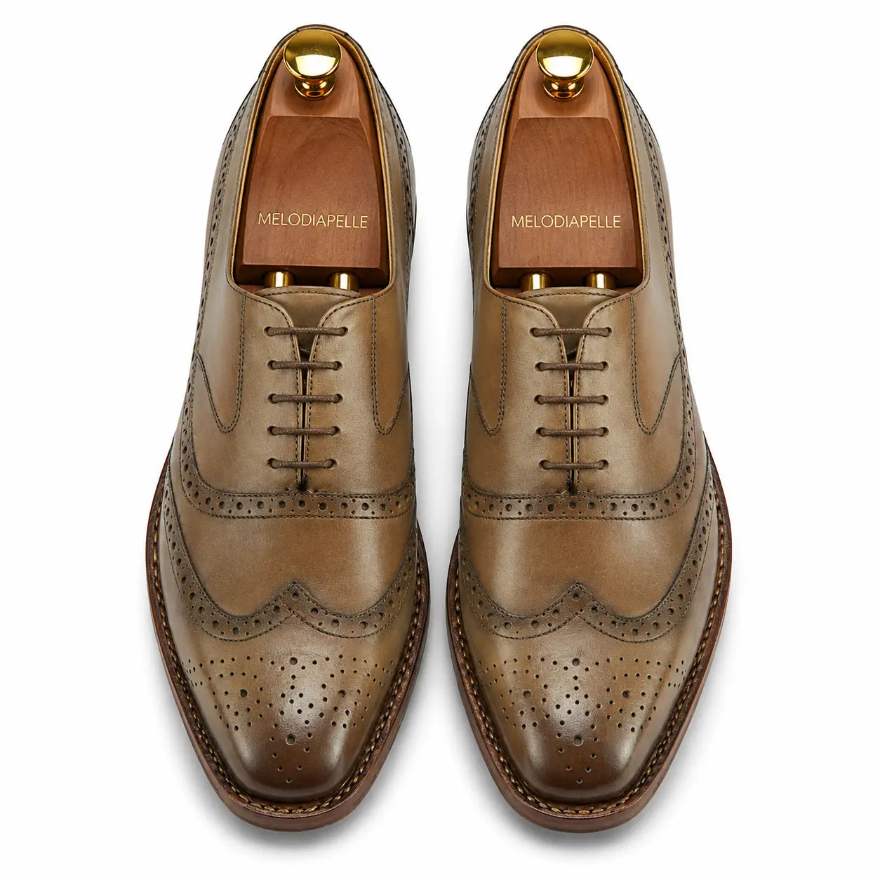 Melodiapelle Marshfield Wingtip Brogue Oxford in olive khaki leather, pair top-down view, handcrafted in Agra