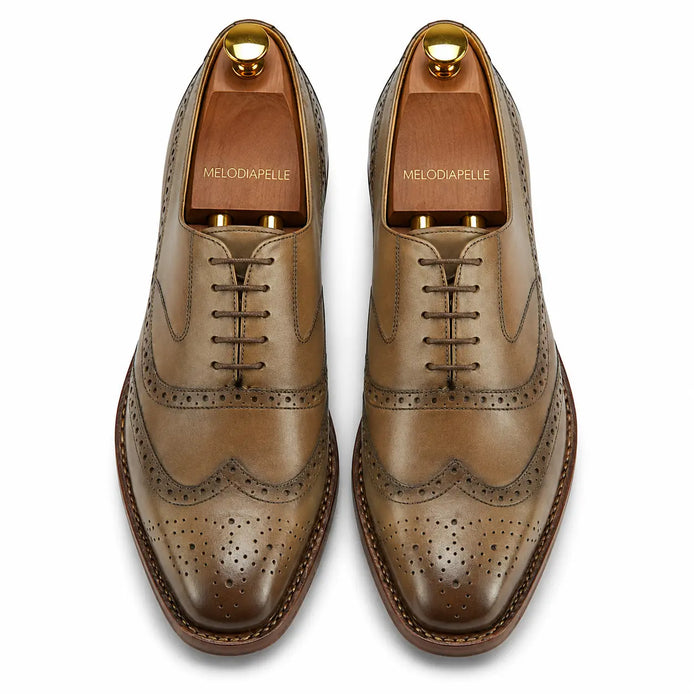 Melodiapelle Marshfield Wingtip Brogue Oxford in olive khaki leather, pair top-down view, handcrafted in Agra