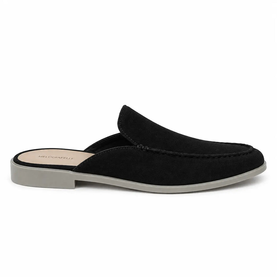 Side profile of the Martia Mule in black suede on white background