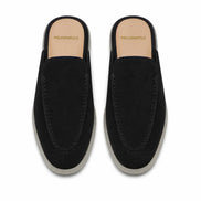 Melodiapelle Martia Mule in black suede, pair top-down view, handcrafted in Agra