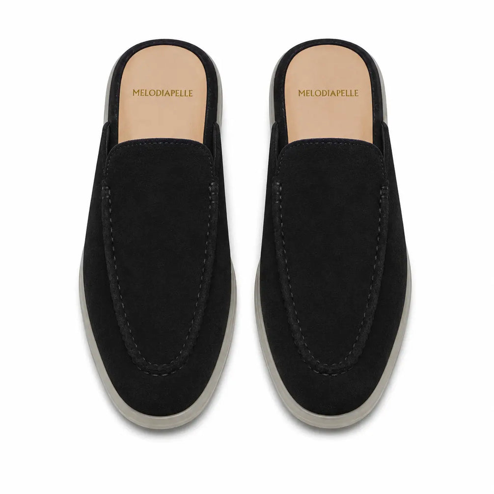 Melodiapelle Martia Mule in black suede, pair top-down view, handcrafted in Agra