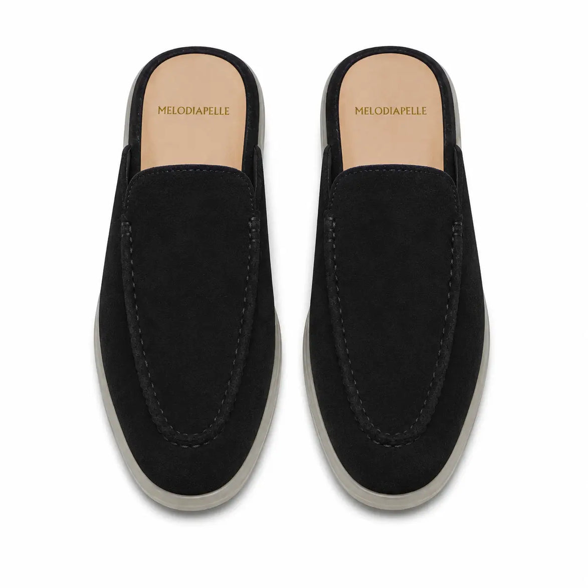 Melodiapelle Martia Mule in black suede, pair top-down view, handcrafted in Agra