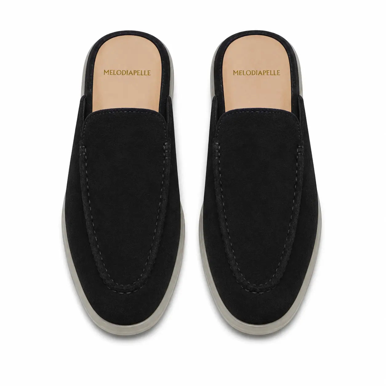 Melodiapelle Martia Mule in black suede, pair top-down view, handcrafted in Agra