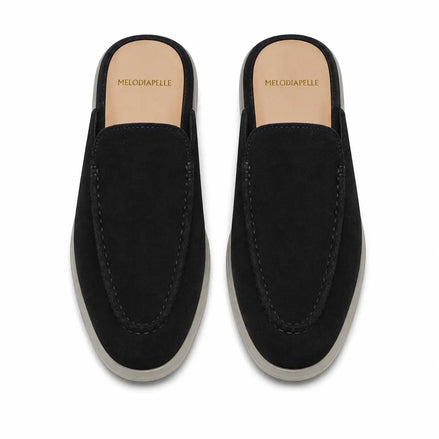 Melodiapelle Martia Mule in black suede, pair top-down view, handcrafted in Agra