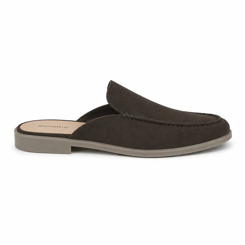 Side profile of the Martia Mule in dark brown suede on white background