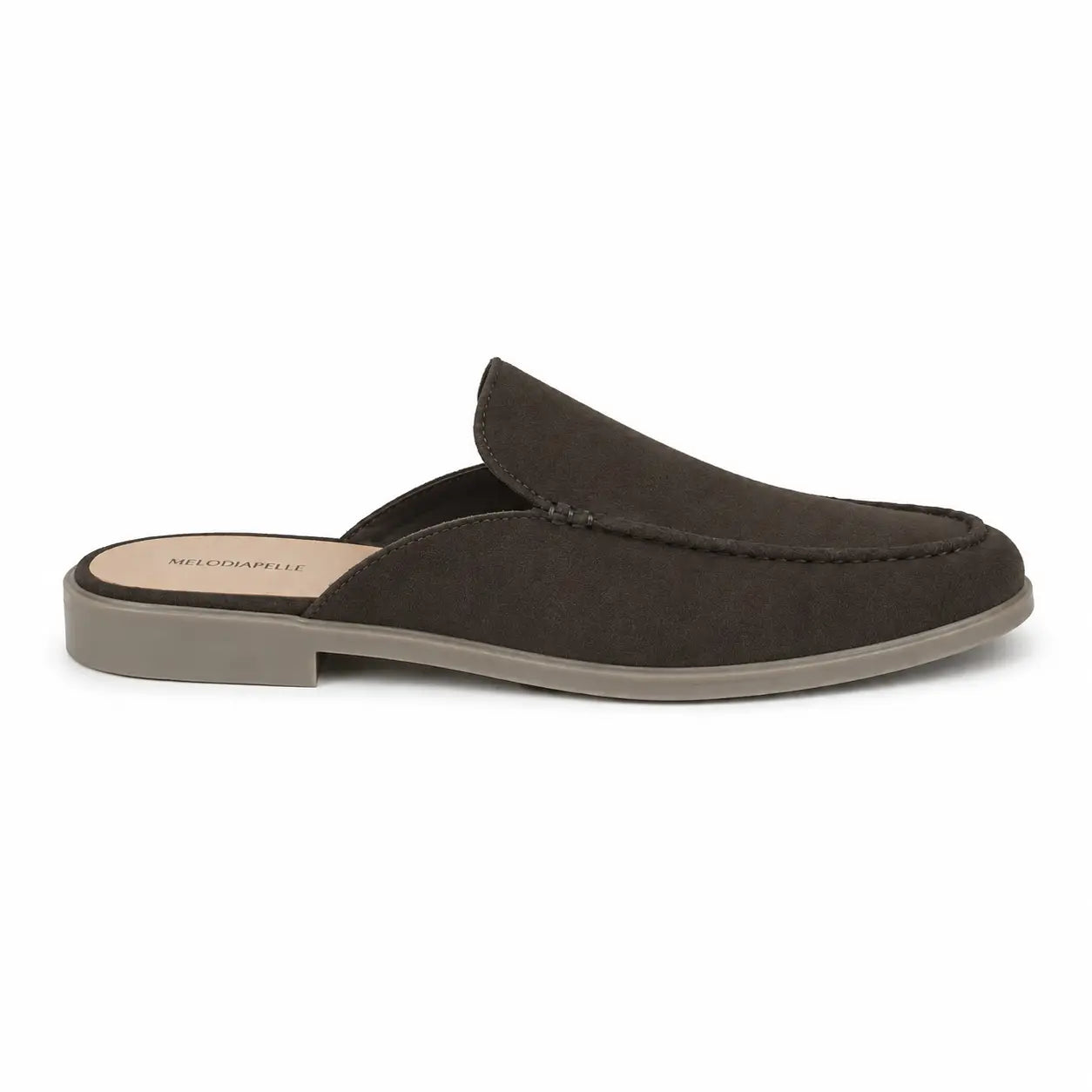 Side profile of the Martia Mule in dark brown suede on white background