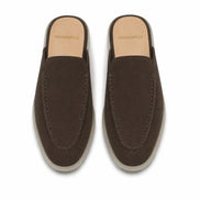 Melodiapelle Martia Mule in dark brown suede, pair top-down view, handcrafted in Agra