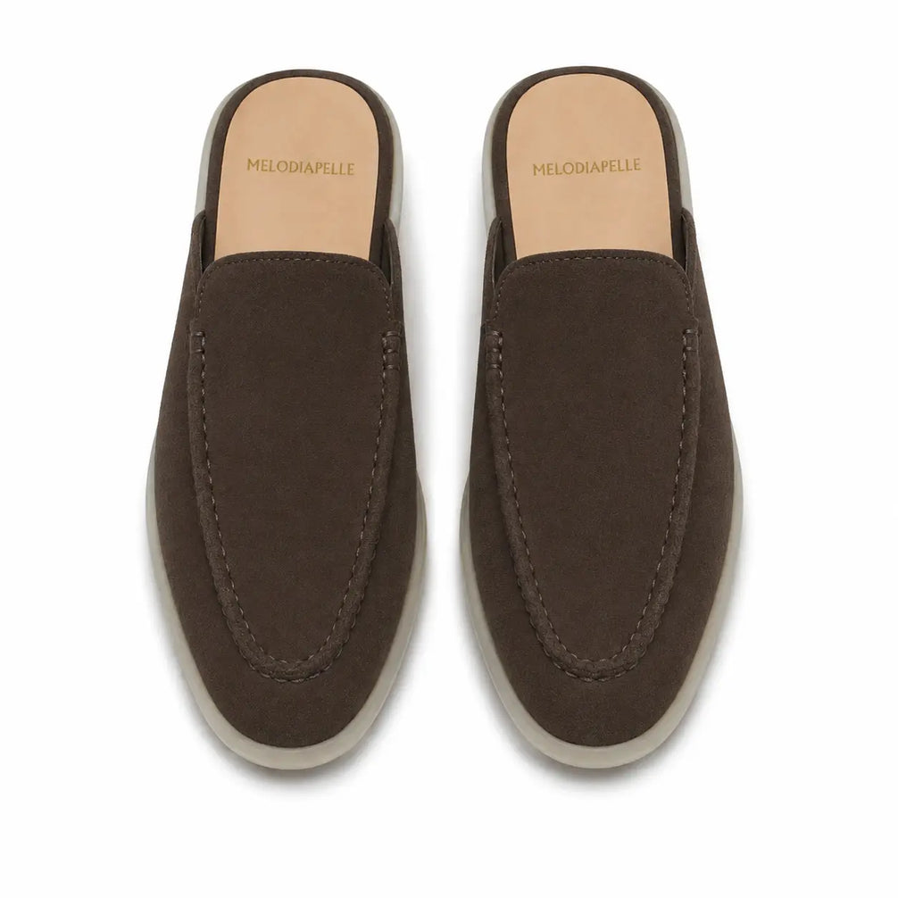 Melodiapelle Martia Mule in dark brown suede, pair top-down view, handcrafted in Agra