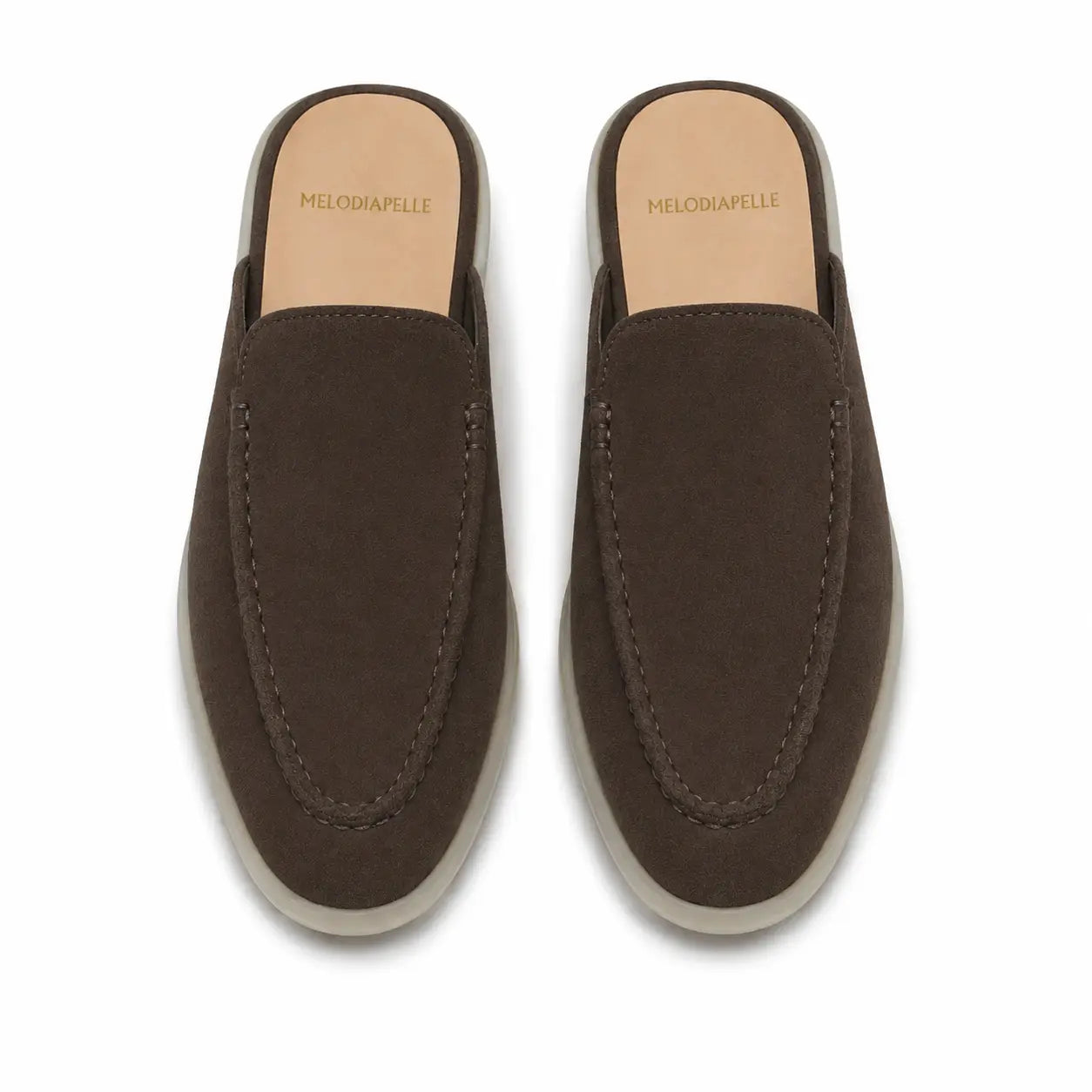 Melodiapelle Martia Mule in dark brown suede, pair top-down view, handcrafted in Agra