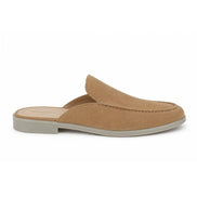 Side profile of the Martia Mule in sand beige suede on white background