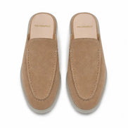 Melodiapelle Martia Mule in sand beige suede, pair top-down view, handcrafted in Agra