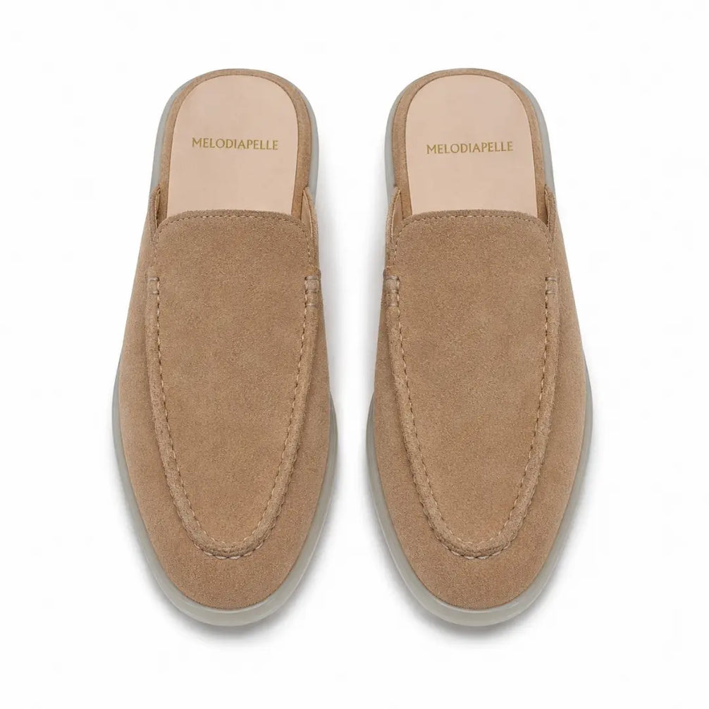 Melodiapelle Martia Mule in sand beige suede, pair top-down view, handcrafted in Agra