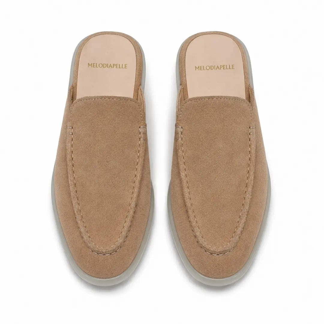 Melodiapelle Martia Mule in sand beige suede, pair top-down view, handcrafted in Agra