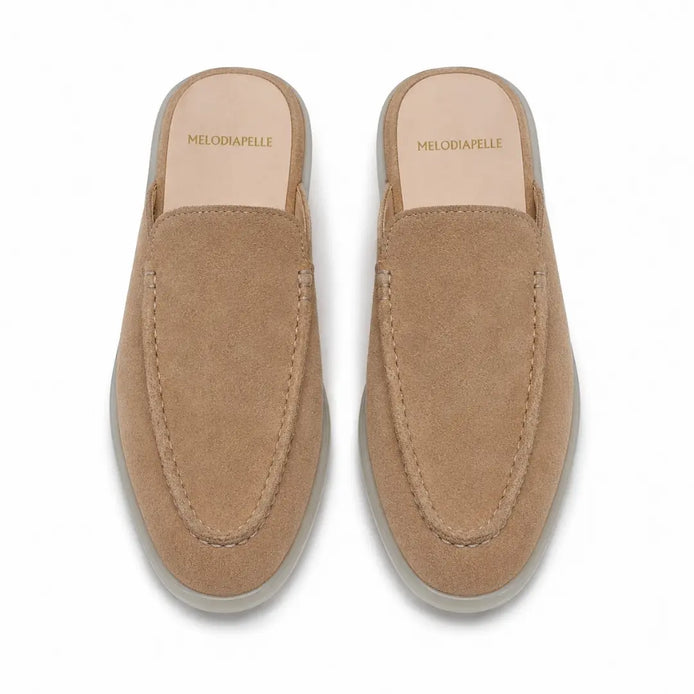 Melodiapelle Martia Mule in sand beige suede, pair top-down view, handcrafted in Agra