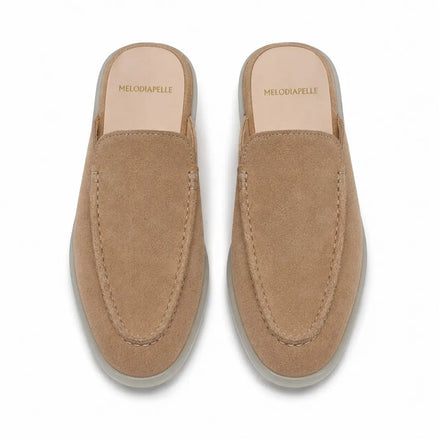 Melodiapelle Martia Mule in sand beige suede, pair top-down view, handcrafted in Agra