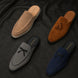 Melodiapelle Martia Mule collection in sand, black and brown suede, handcrafted backless mule loafers displayed together