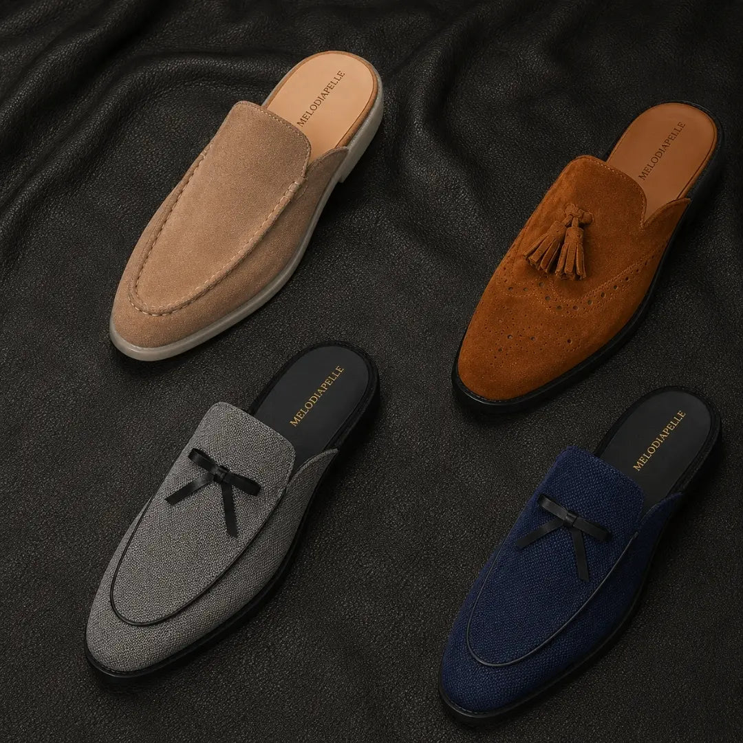 Melodiapelle Martia Mule collection in sand, black and brown suede, handcrafted backless mule loafers displayed together