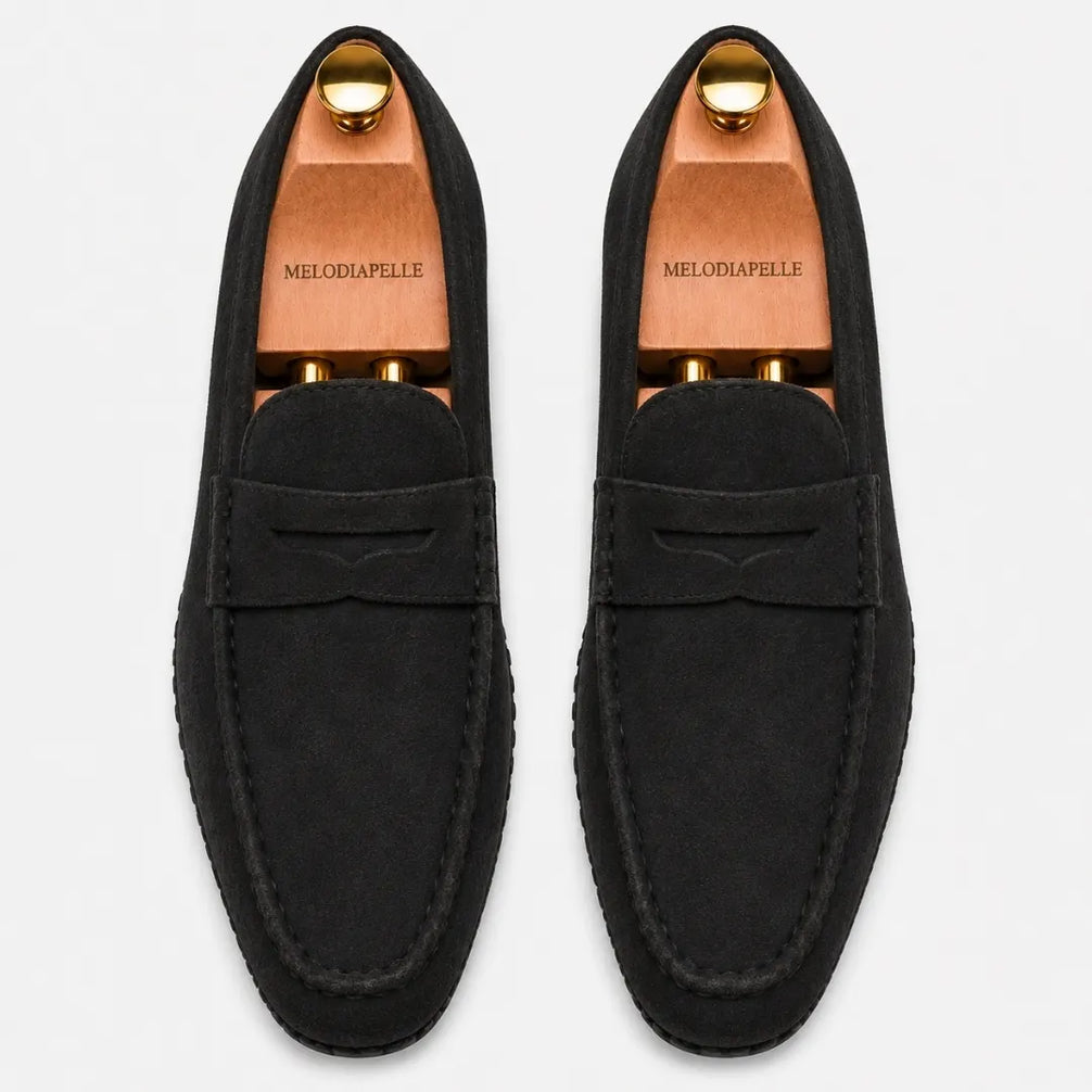 Melodiapelle Maryland Loafer in black suede, pair top-down view, handcrafted in Agra