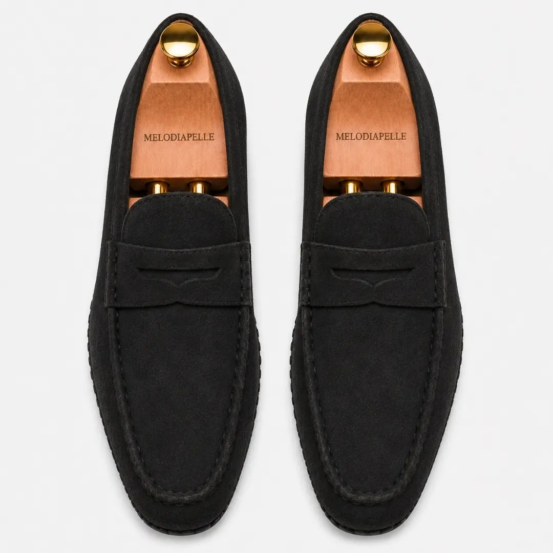 Melodiapelle Maryland Loafer in black suede, pair top-down view, handcrafted in Agra