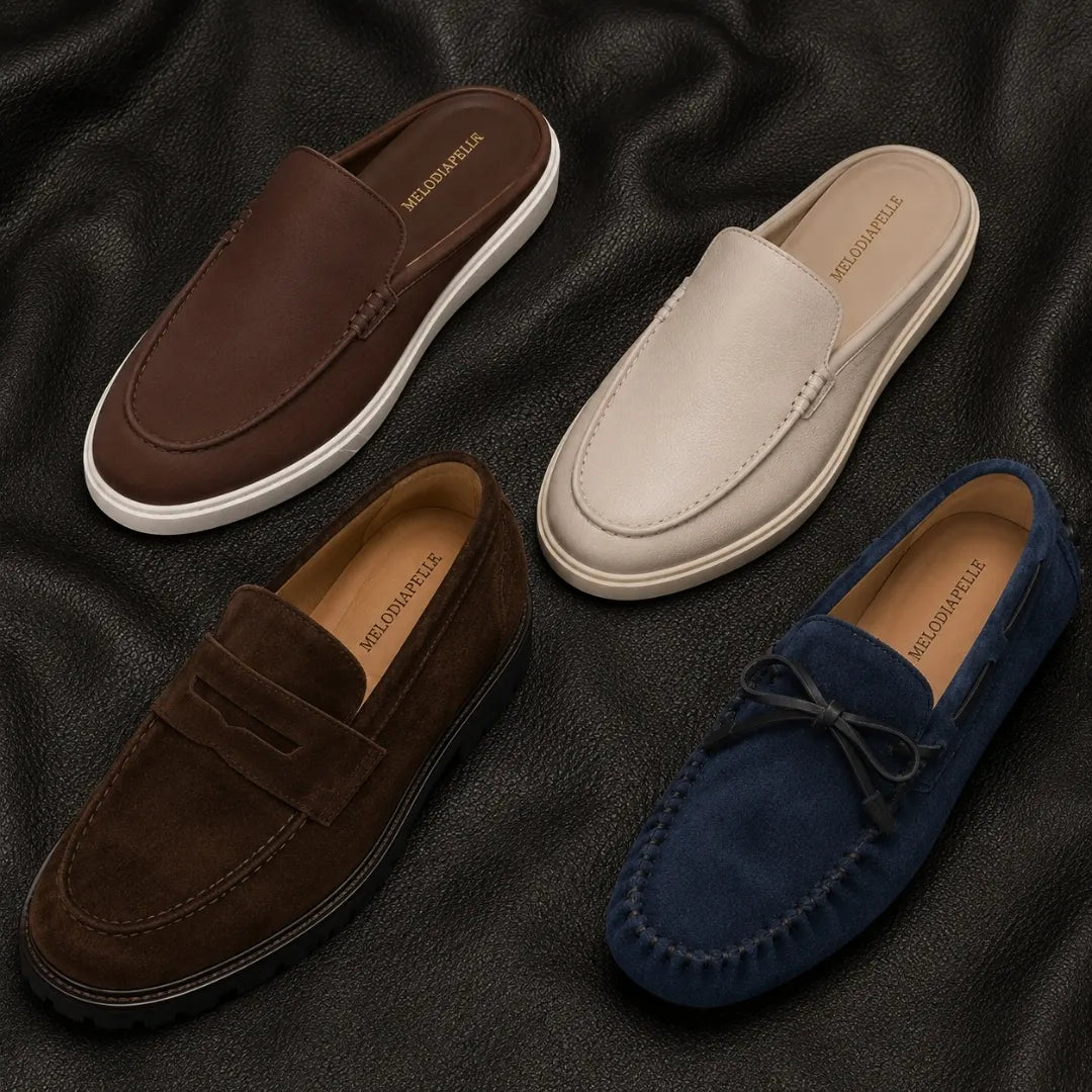 Melodiapelle Maryland Loafer collection in dark brown, rust tan and black suede, handcrafted penny loafers displayed together