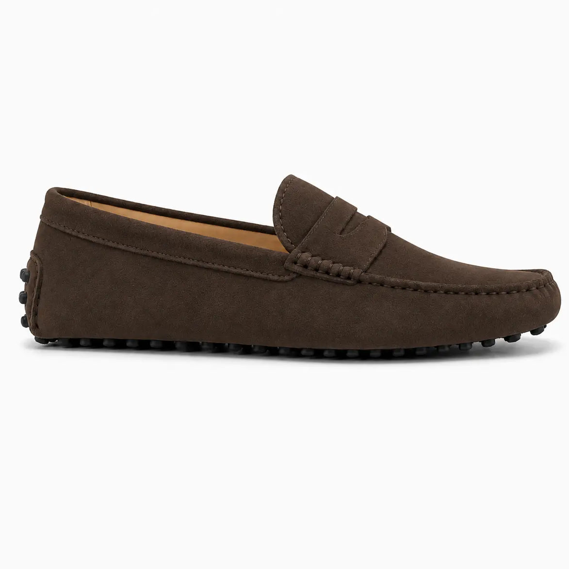 Side profile of the Maryland Loafer in dark brown suede on white background