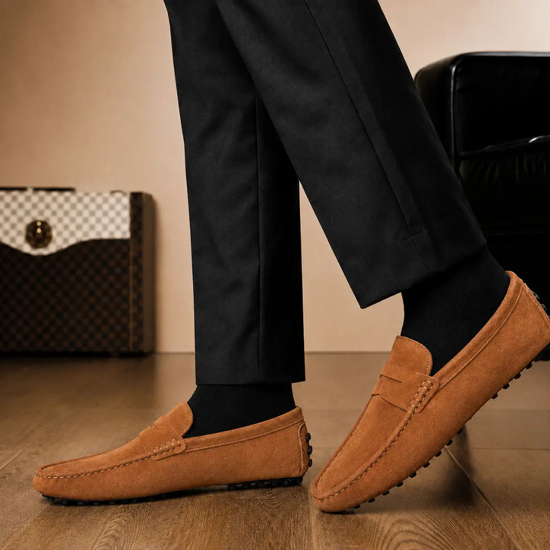 Melodiapelle Maryland Loafer in rust tan suede worn with trousers, on-feet shot