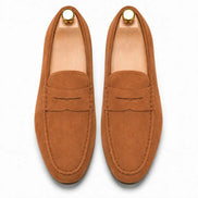 Melodiapelle Maryland Loafer in rust tan suede, pair top-down view, handcrafted in Agra