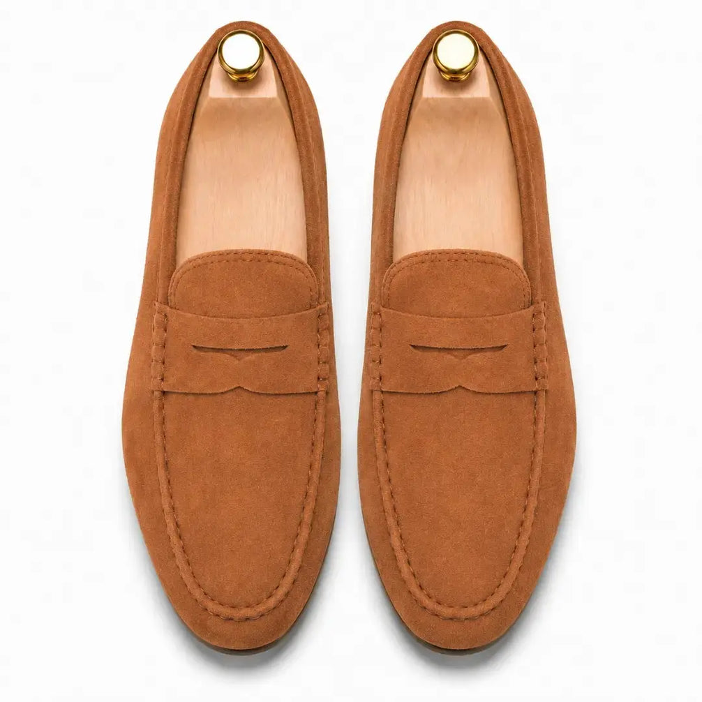 Melodiapelle Maryland Loafer in rust tan suede, pair top-down view, handcrafted in Agra