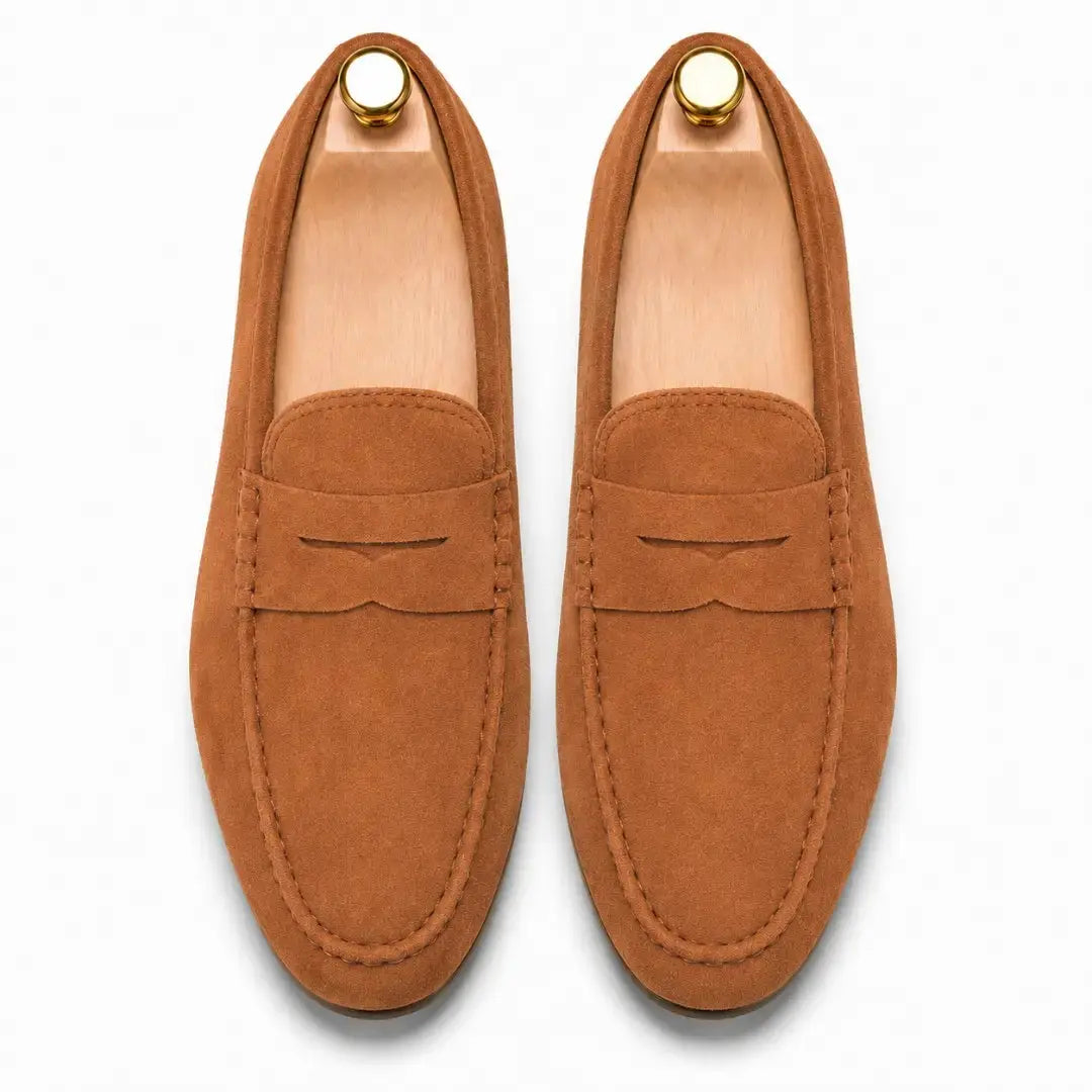 Melodiapelle Maryland Loafer in rust tan suede, pair top-down view, handcrafted in Agra