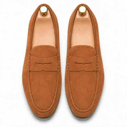 Melodiapelle Maryland Loafer in rust tan suede, pair top-down view, handcrafted in Agra