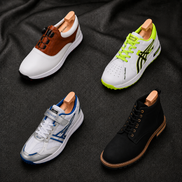 Melodiapelle Marzano BOA Golf Shoe collection in white, neon and black colourways, performance golf shoes displayed together