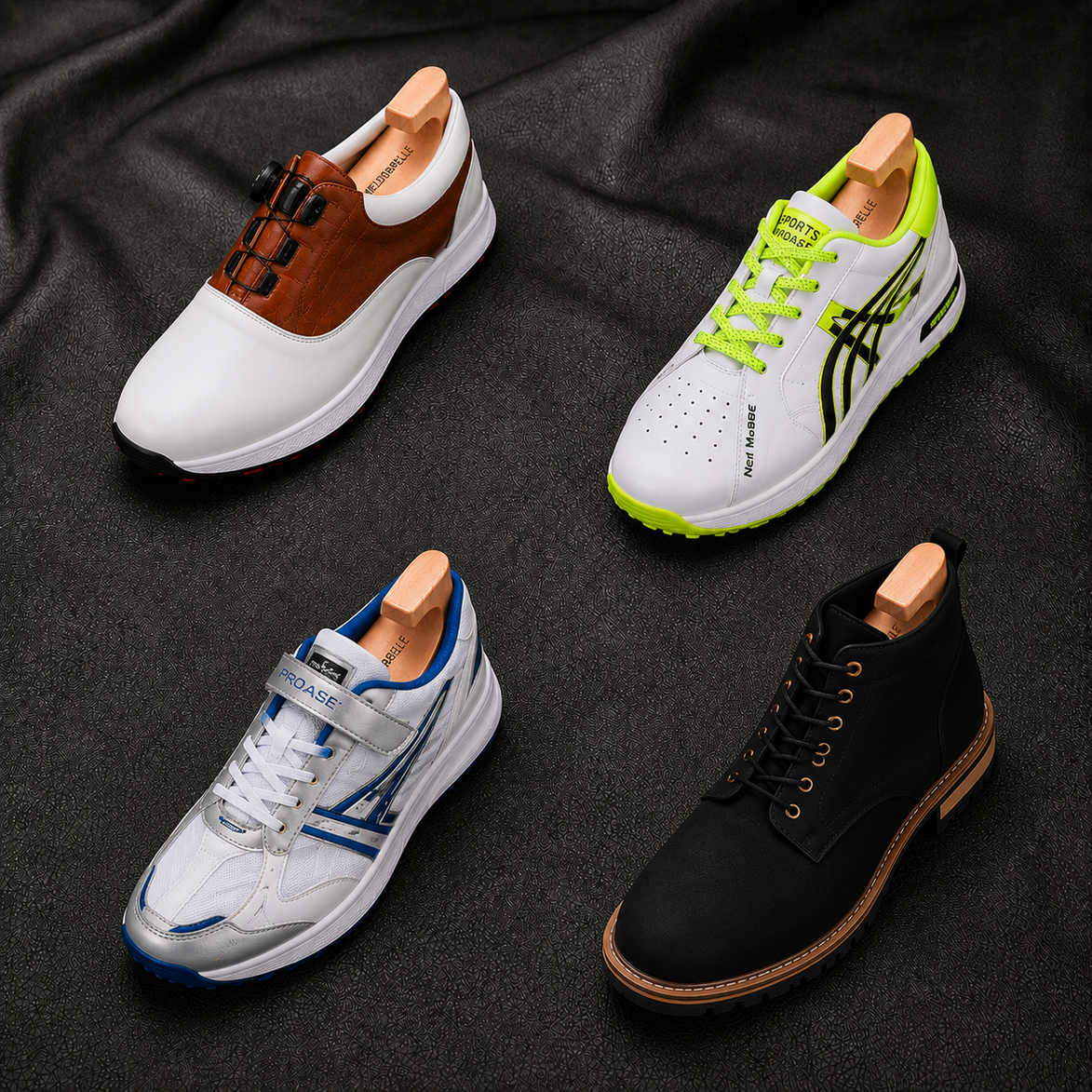 Melodiapelle Marzano BOA Golf Shoe collection in white, neon and black colourways, performance golf shoes displayed together