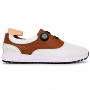 Side profile of the Marzano BOA Golf Shoe in white and tan leather on white background