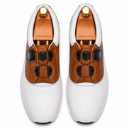 Melodiapelle Marzano BOA Golf Shoe in white and tan leather, pair top-down view, handcrafted in Agra
