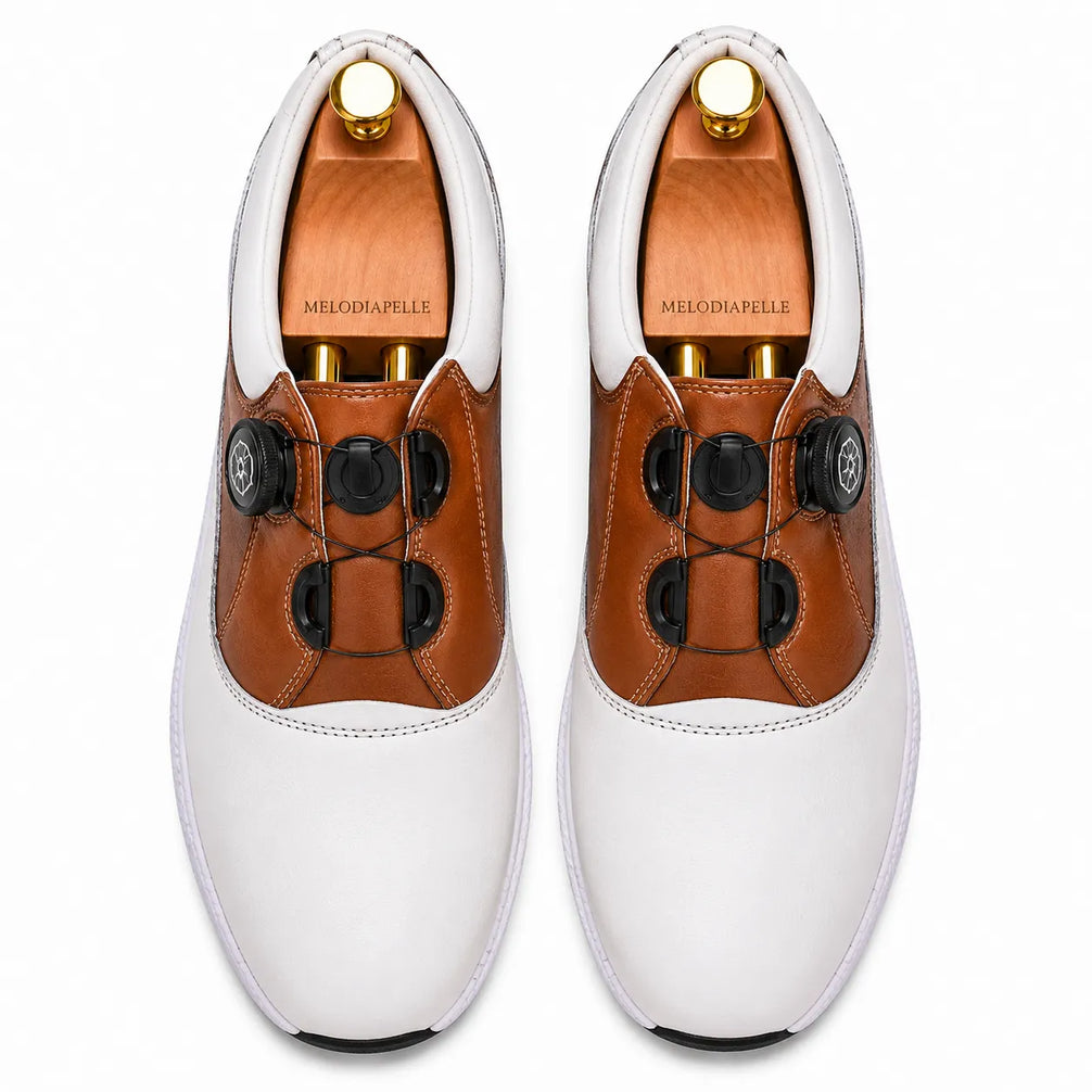 Melodiapelle Marzano BOA Golf Shoe in white and tan leather, pair top-down view, handcrafted in Agra

