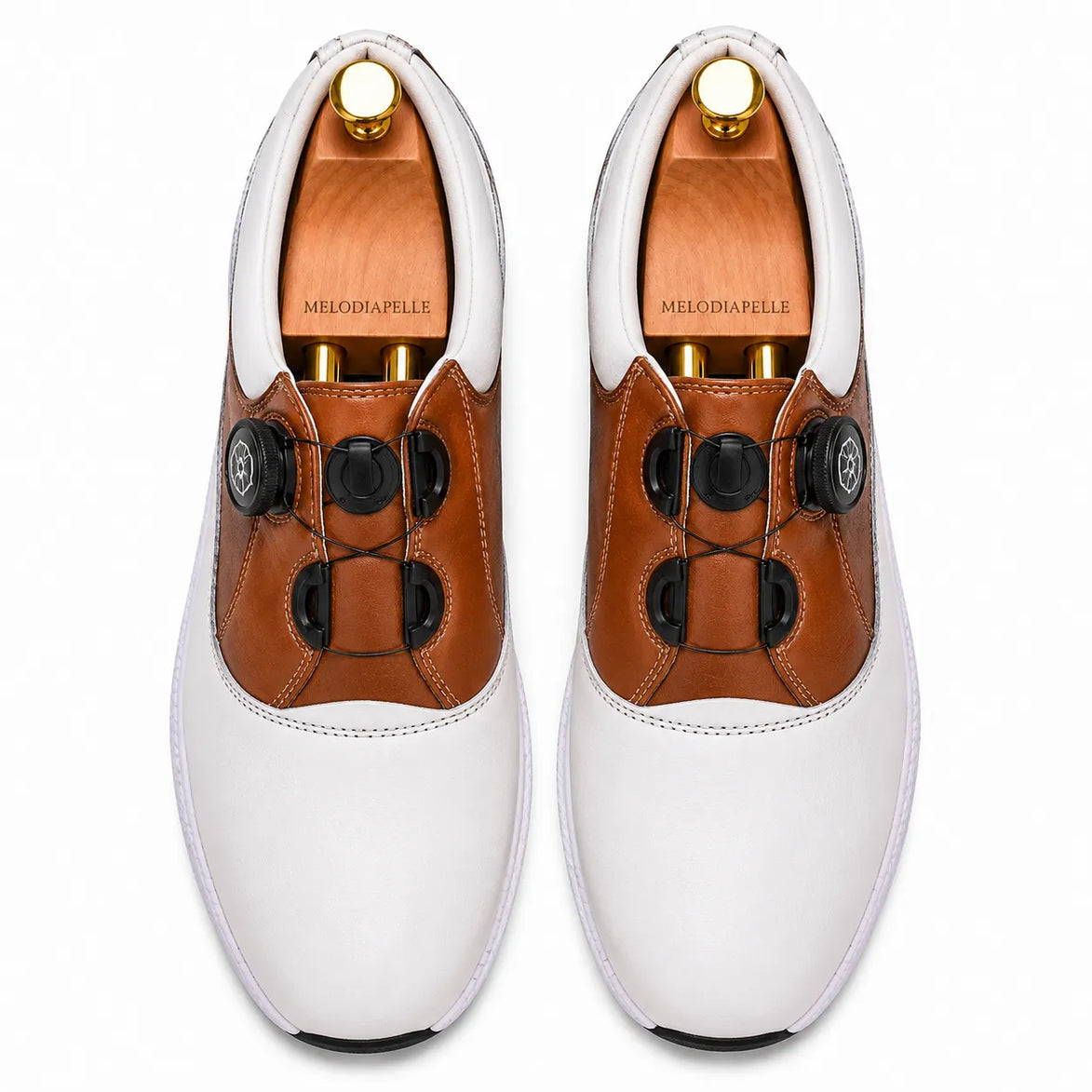 Melodiapelle Marzano BOA Golf Shoe in white and tan leather, pair top-down view, handcrafted in Agra
