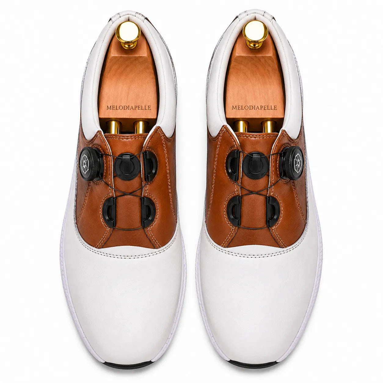 Melodiapelle Marzano BOA Golf Shoe in white and tan leather, pair top-down view, handcrafted in Agra
