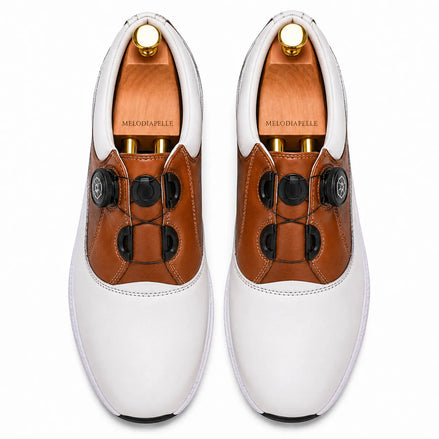 Melodiapelle Marzano BOA Golf Shoe in white and tan leather, pair top-down view, handcrafted in Agra
