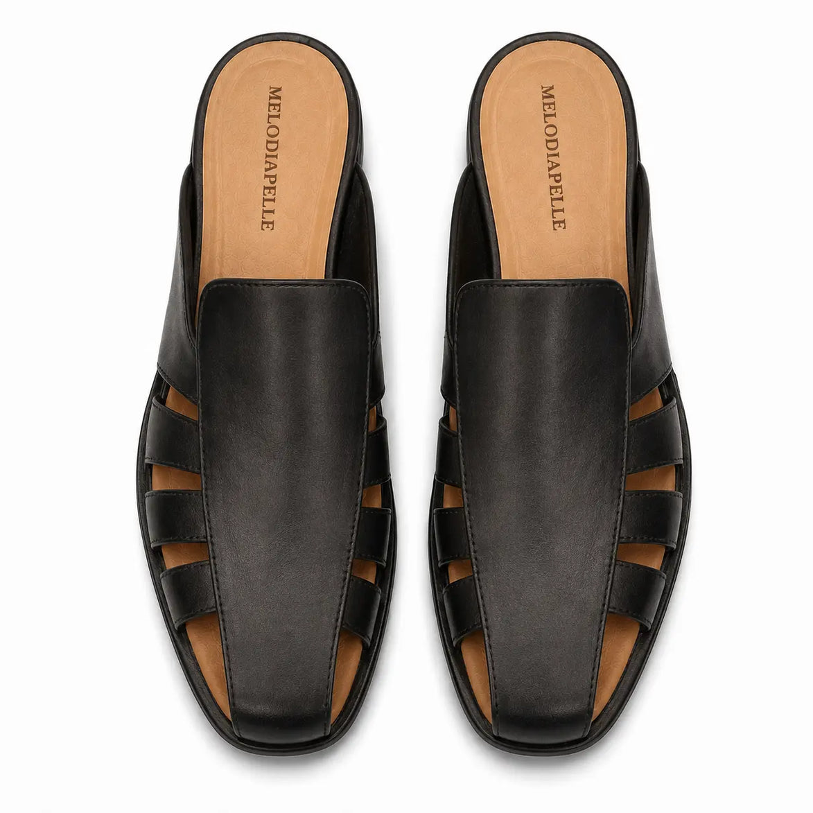 Melodiapelle Mason Mule in black leather, pair top-down view, handcrafted in Agra
