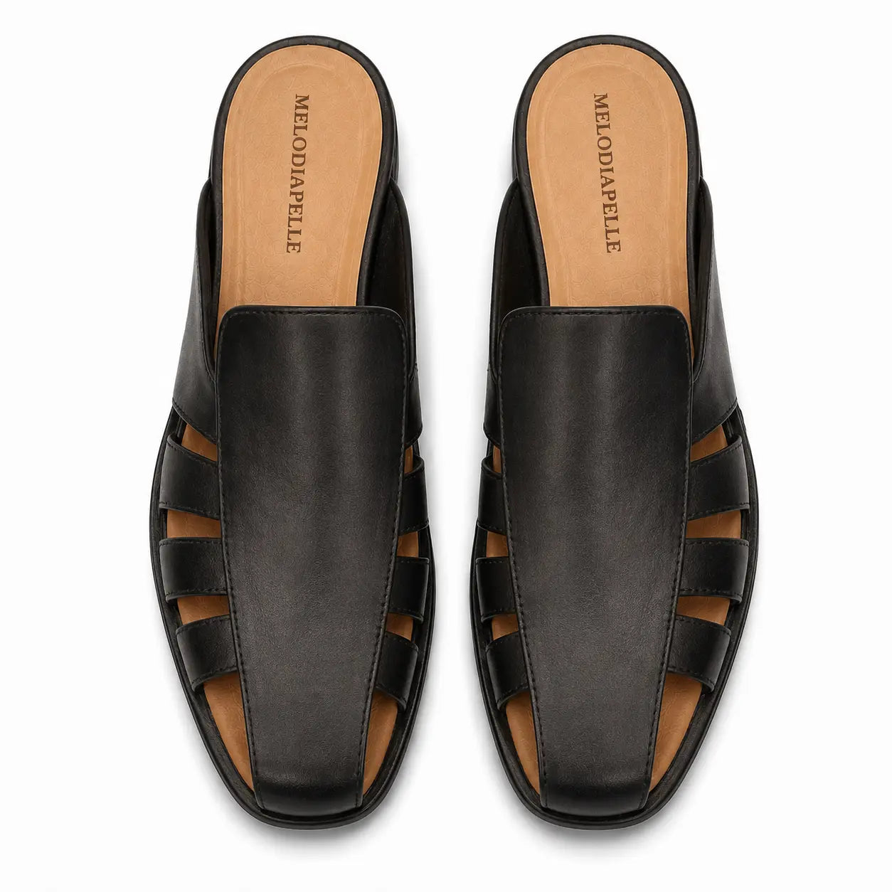 Melodiapelle Mason Mule in black leather, pair top-down view, handcrafted in Agra
