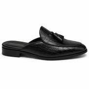 Side profile of the Mason Mule in black croc-embossed leather on white background