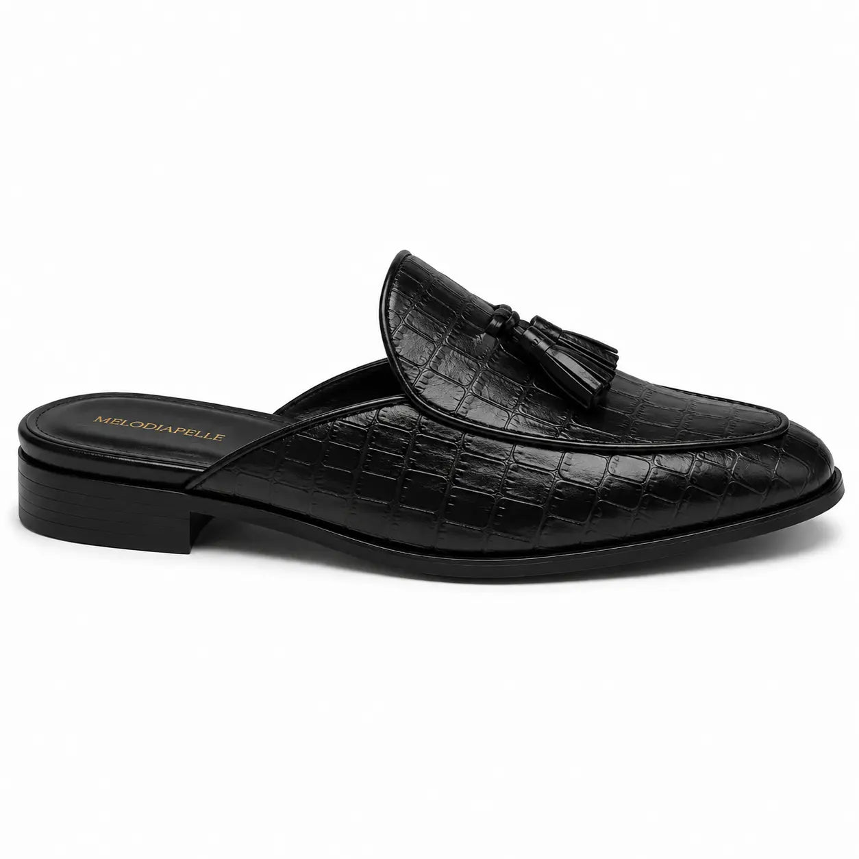 Side profile of the Mason Mule in black croc-embossed leather on white background