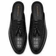 Melodiapelle Mason Mule in black croc-embossed leather, pair top-down view, handcrafted in Agra
