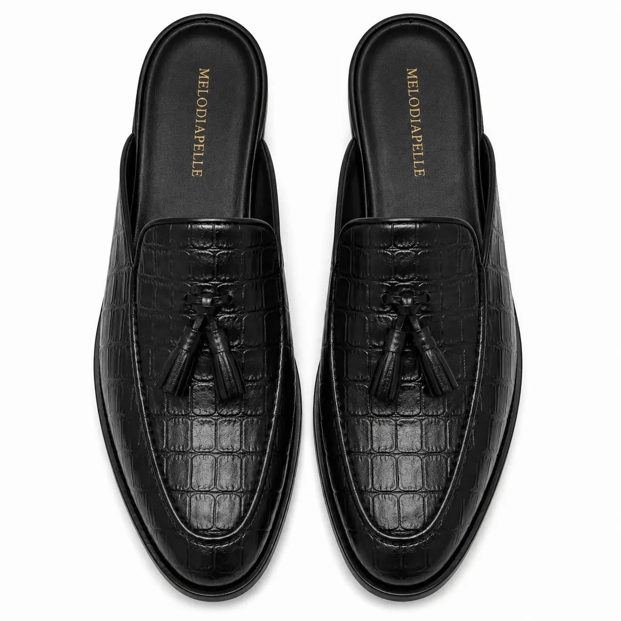 Melodiapelle Mason Mule in black croc-embossed leather, pair top-down view, handcrafted in Agra