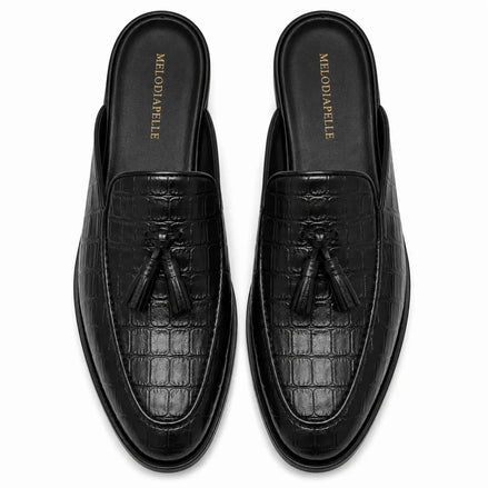 Melodiapelle Mason Mule in black croc-embossed leather, pair top-down view, handcrafted in Agra