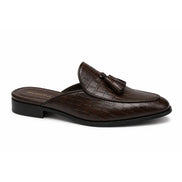 Side profile of the Mason Mule in dark brown croc-embossed leather on white background