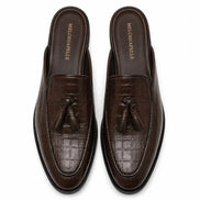 Melodiapelle Mason Mule in dark brown croc-embossed leather, pair top-down view, handcrafted in Agra
